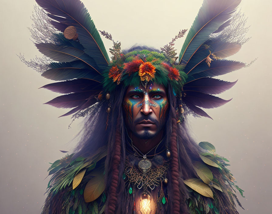 Person with Vibrant Face Paint and Elaborate Feather Headdress in Mystical Setting