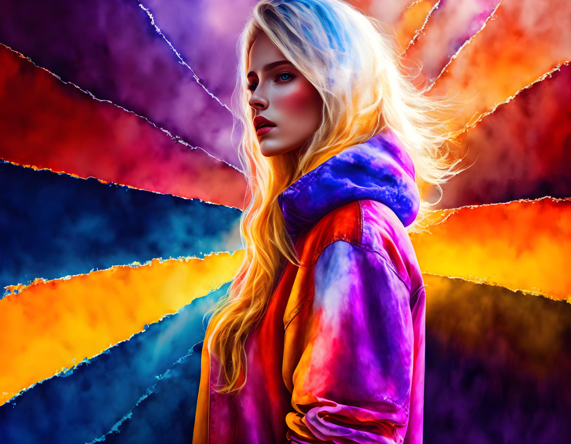 Colorful Tie-Dye Coat on Woman with Striking Makeup