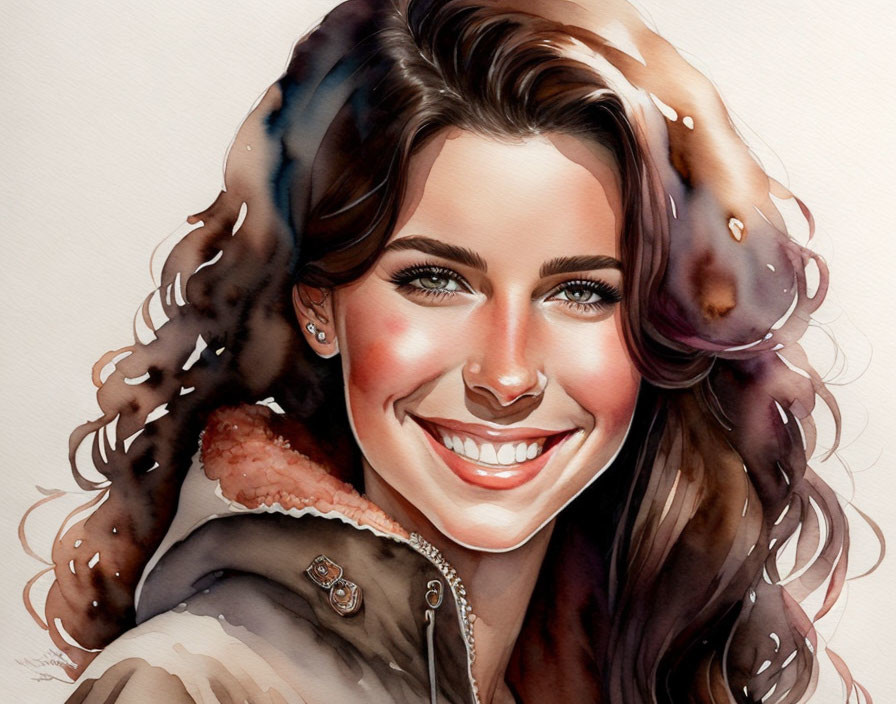 Smiling woman with brown hair in fur-lined coat, warm tones, soft blending