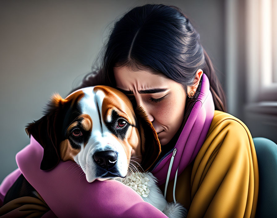 Woman in Yellow Hoodie Cuddling Tri-Color Beagle