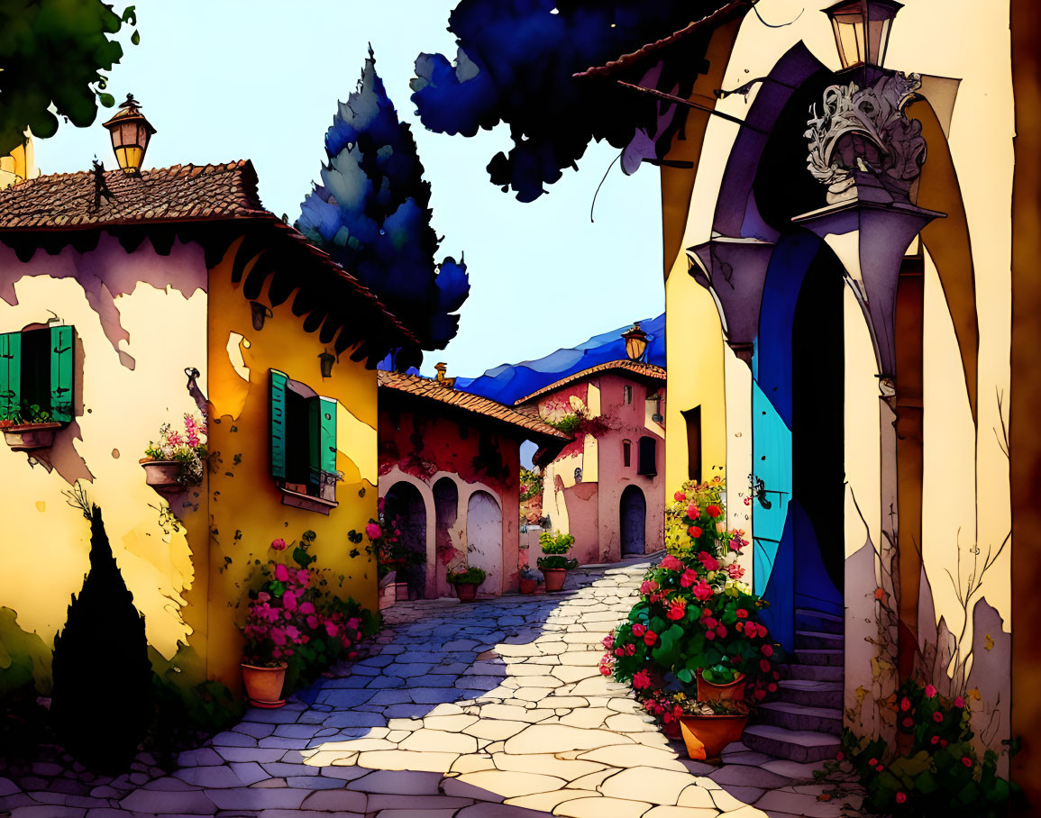 Colorful houses and flowers on sunlit cobblestone street