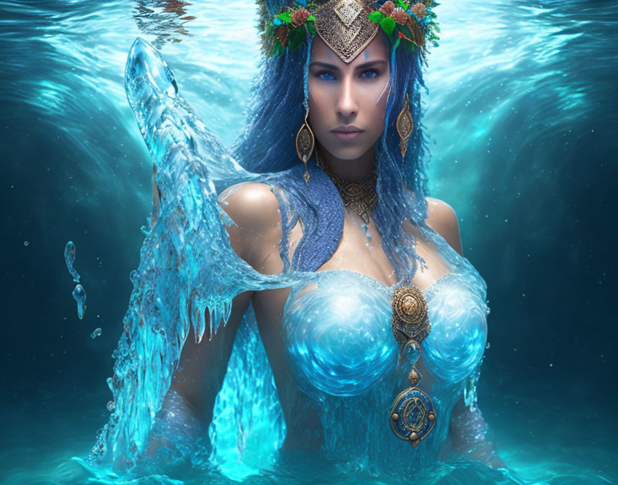 Blue-toned mermaid with elaborate jewelry and coral crown submerged in water.