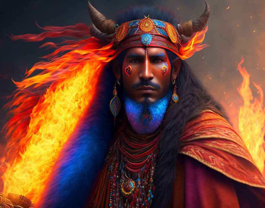 Fantasy warrior with blue skin and horned helmet in fiery background