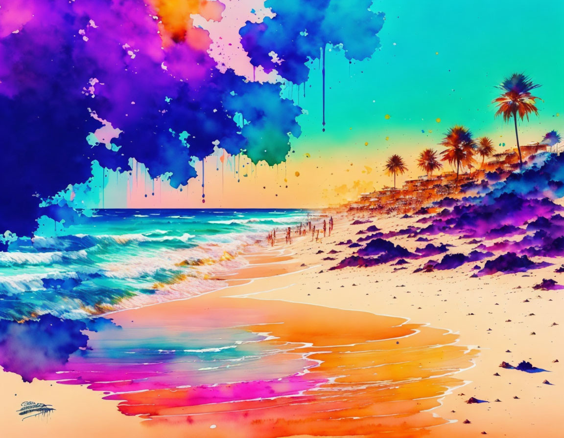 Colorful Beachscape with Drippy Paint Aesthetic and Palm Trees