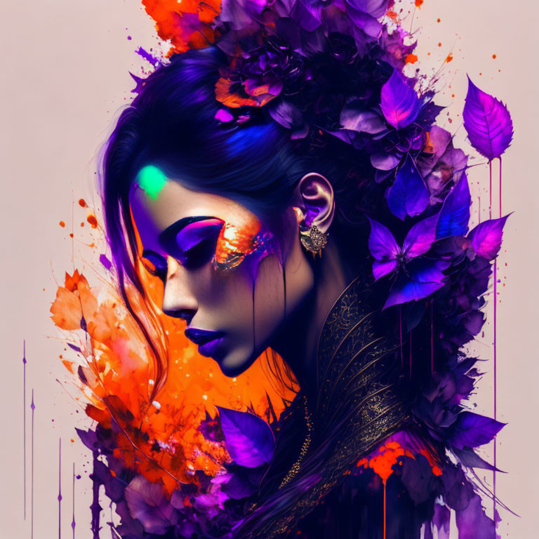 Vibrant digital artwork: Woman with purple and orange floral elements and butterflies.