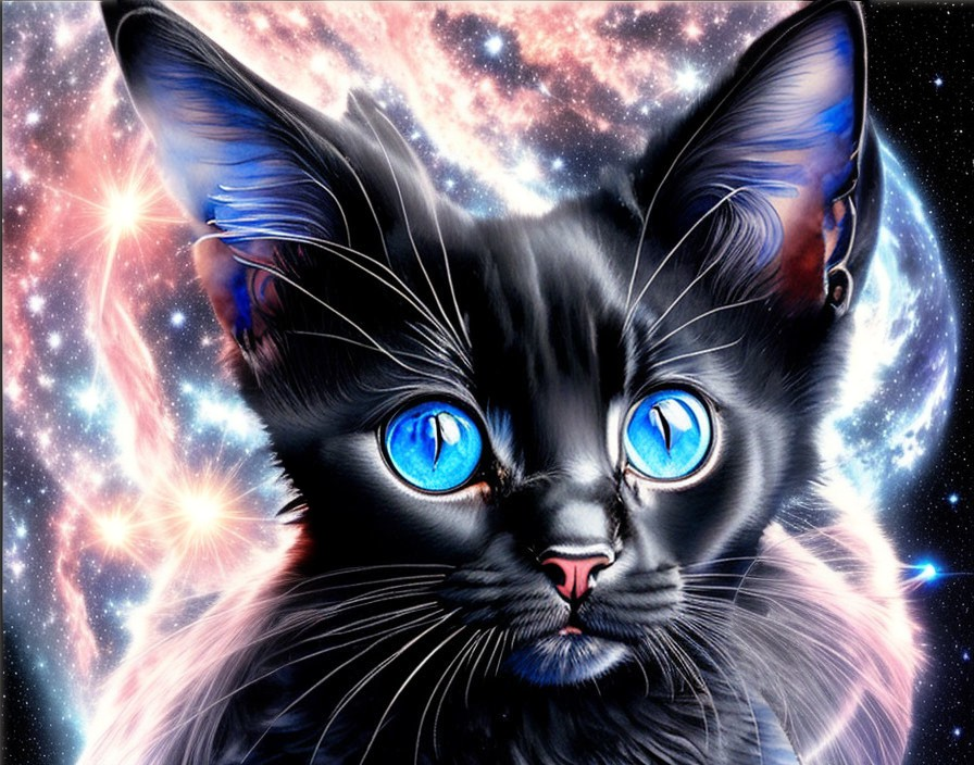 Digital Artwork: Black Cat with Blue Eyes in Cosmic Setting