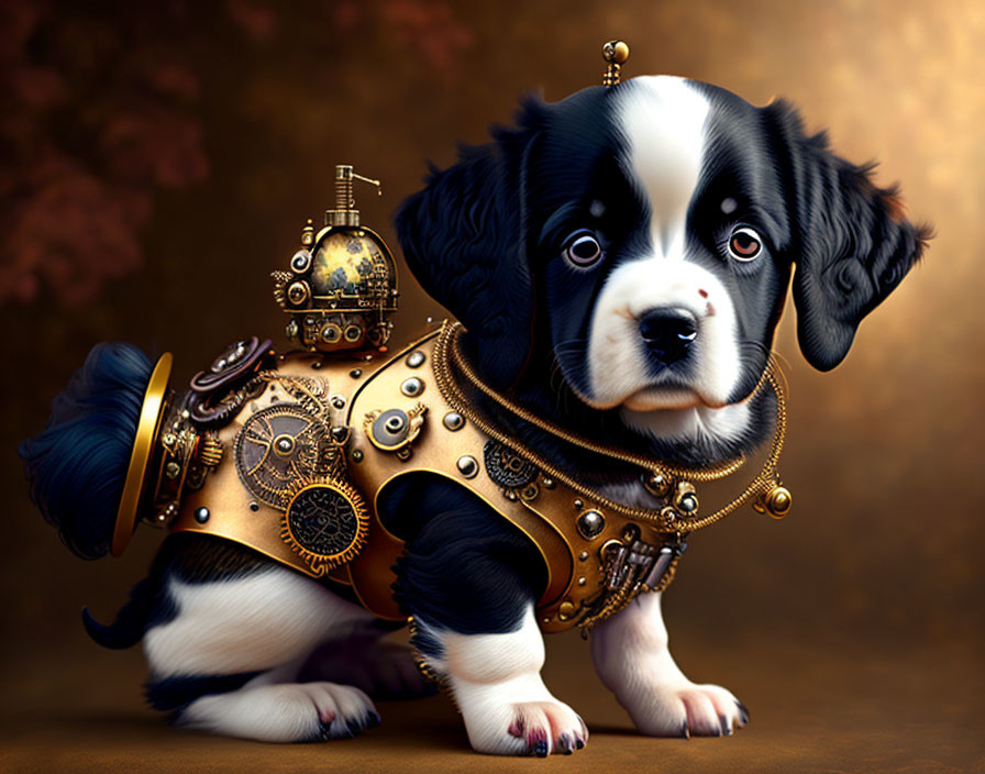 Black and White Fur Puppy in Steampunk Mechanical Suit