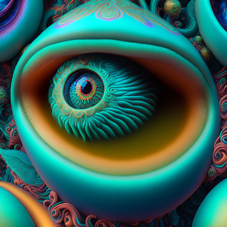 Colorful fractal eye surrounded by swirling patterns and spheres