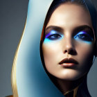 Striking blue eyeshadow on woman with glossy lips and smooth skin