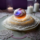 Galaxy-patterned crystal ball on lace doily with candles and glass holders