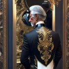 Sophisticated man in black tuxedo admires reflection in ornate golden mirror