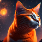 Glowing orange cats against starry night sky