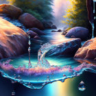 Tranquil water scene with rocks, pebbles, and a waterfall