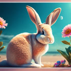 Illustrated rabbit surrounded by flowers under teal sky