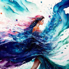 Abstract cosmic watercolor art of woman with flowing hair and dress