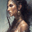 Detailed digital painting of woman with braided hair and intricate jewelry.