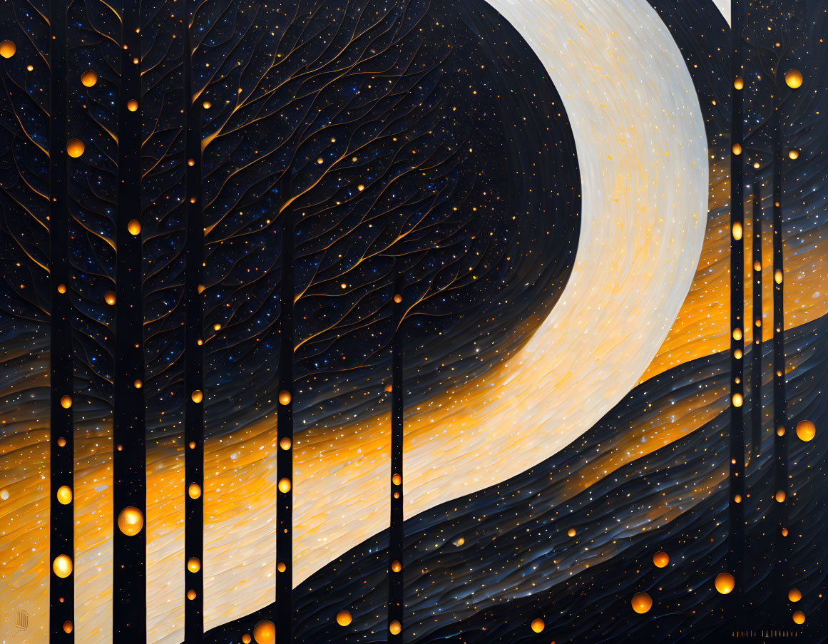 Stylized artwork of bare trees against starry night sky