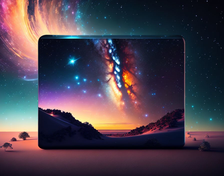 Laptop blending with cosmic nebula on desert landscape at twilight