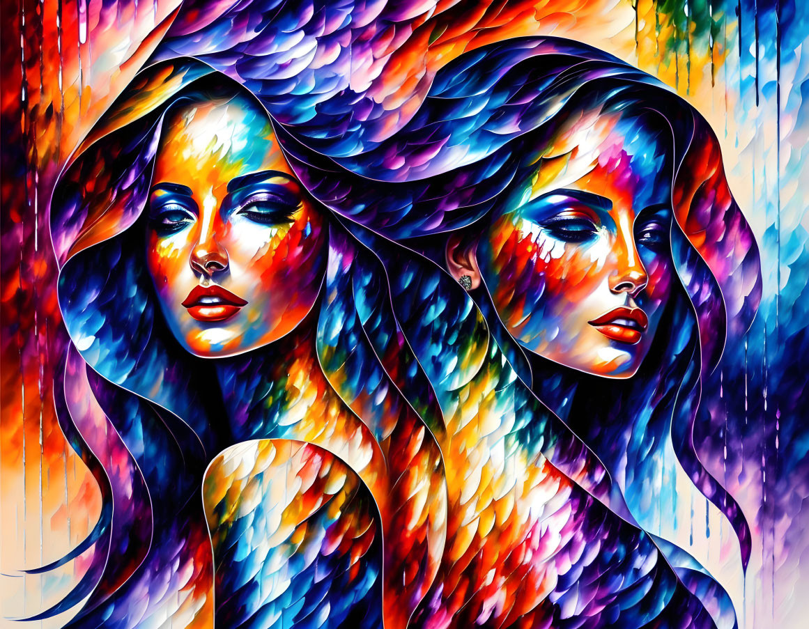 Vibrant artwork: Stylized female figures with colorful wing-like hair