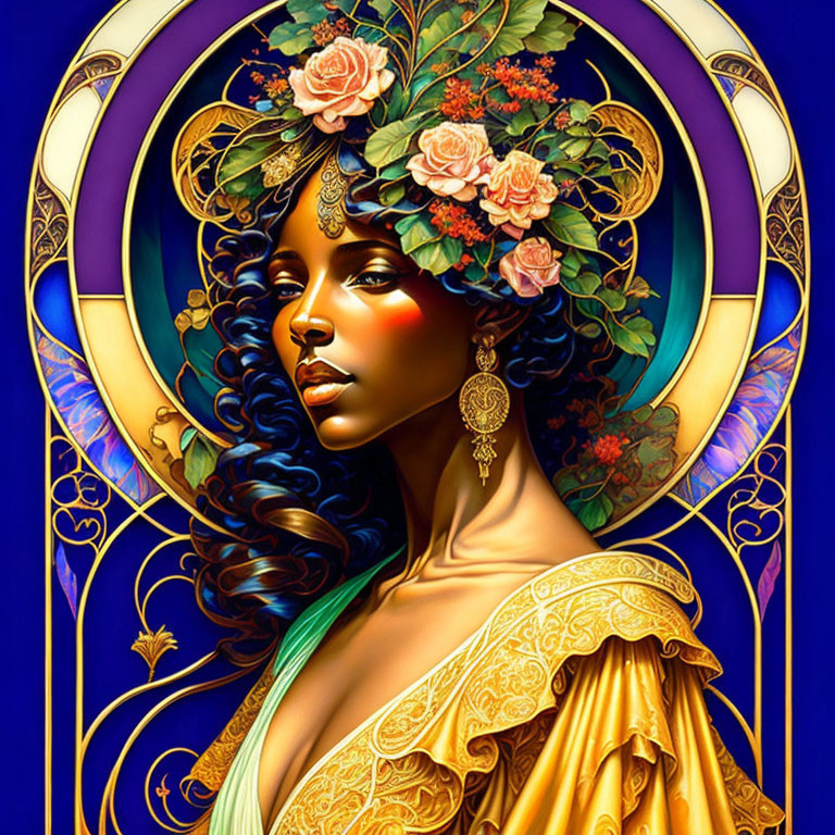 Illustrated portrait of woman with blue hair and floral headpiece in art nouveau style