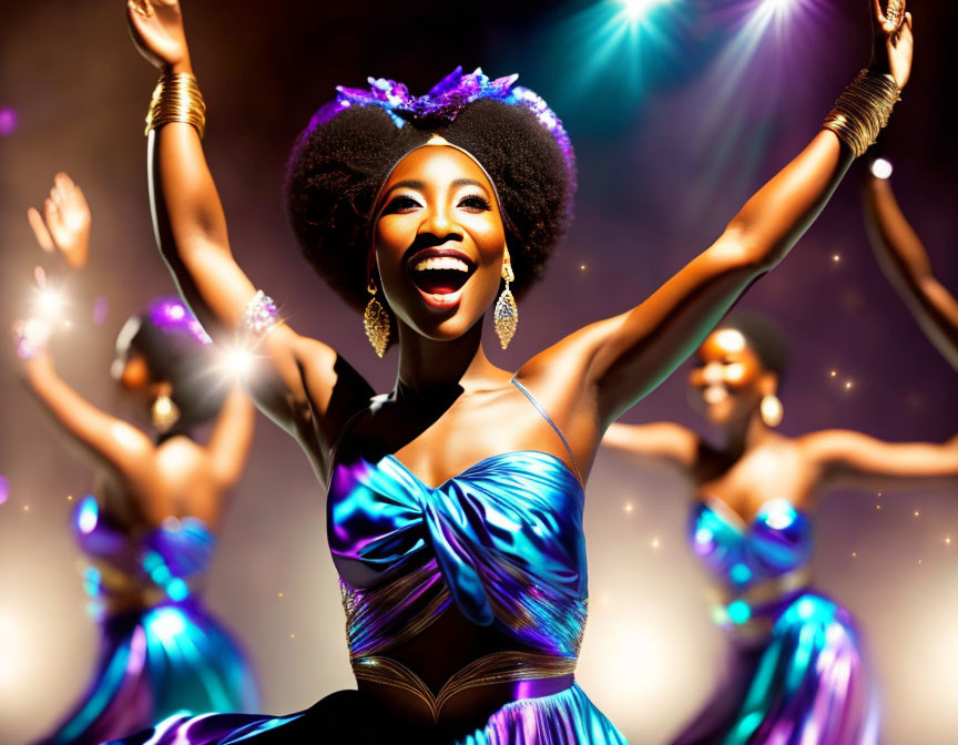 Performer in Blue Dress with Feathered Headpiece on Stage