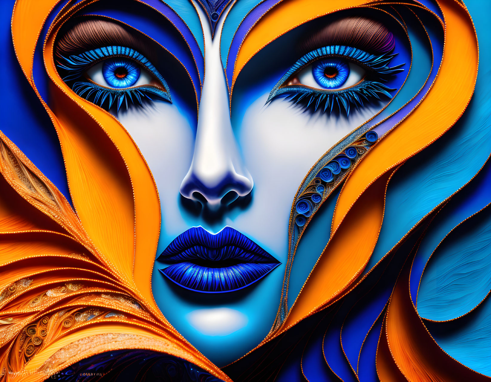 Digital art: Woman's face with blue eyes in abstract orange and blue patterns