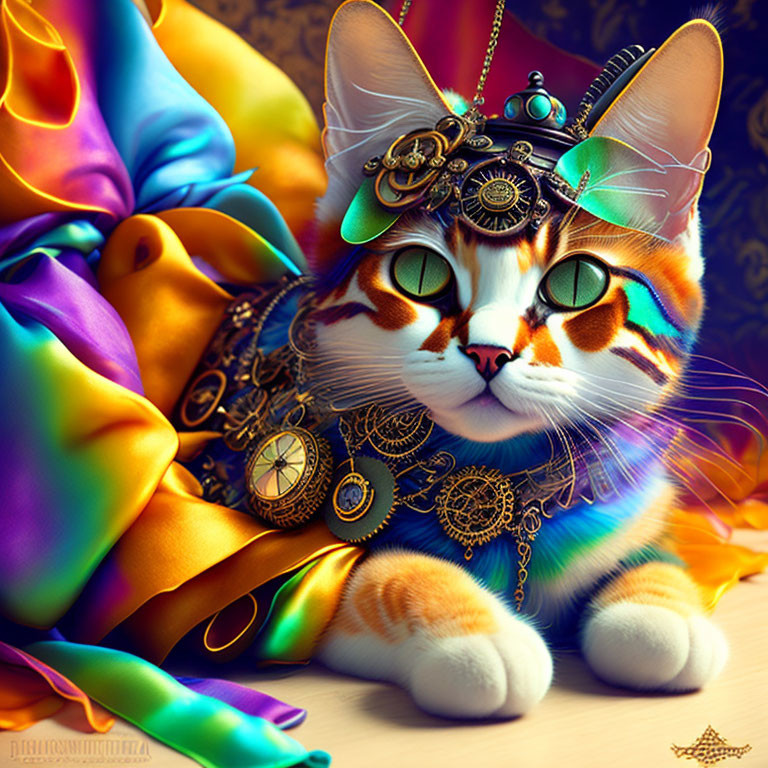 Colorful Steampunk Cat Art on Vibrant Fabric