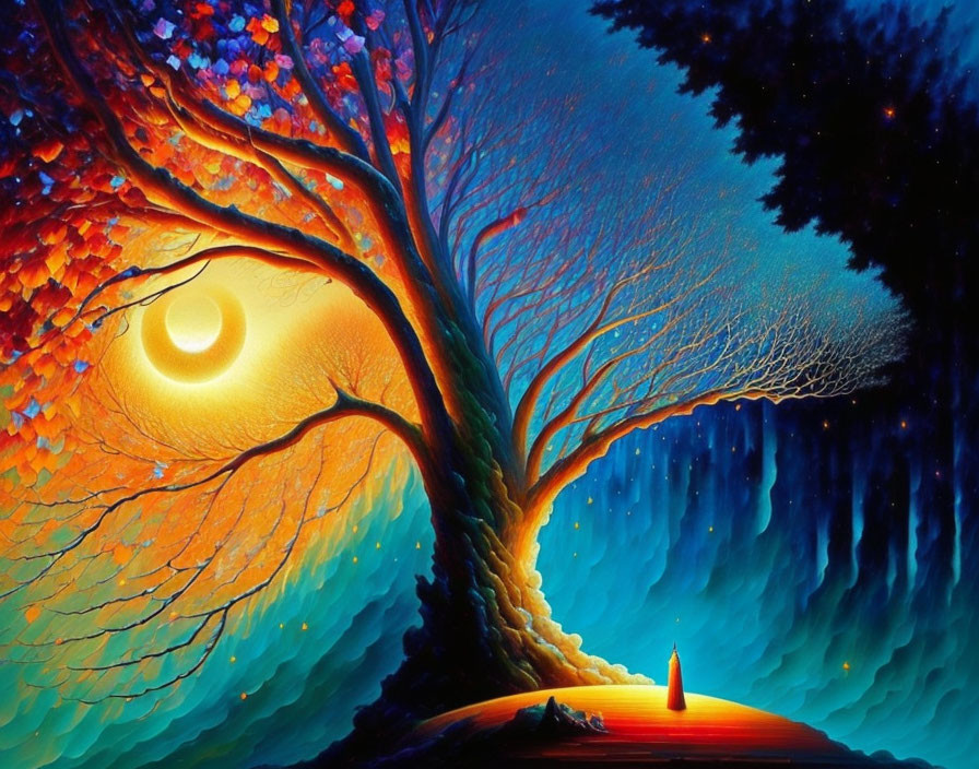 Surreal artwork of split tree under moonlit sky