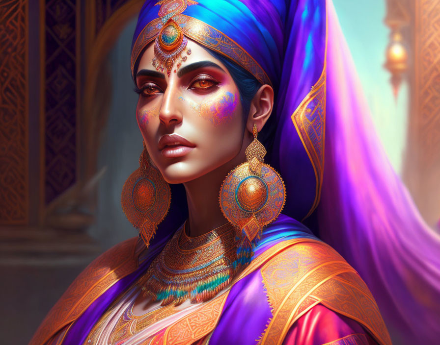 Traditional Attire Woman with Golden Jewelry and Colorful Headscarf