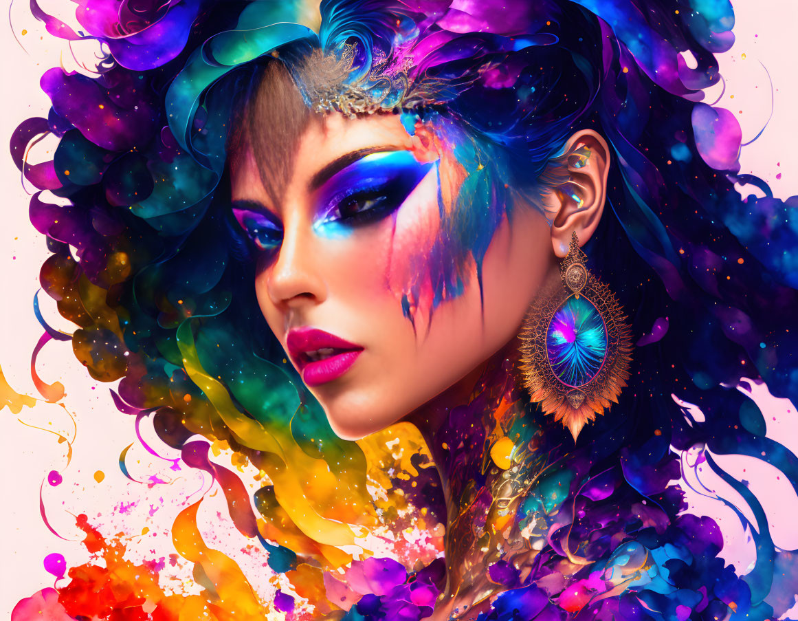 Colorful digital artwork: Woman with fantasy makeup & peacock-inspired hair.