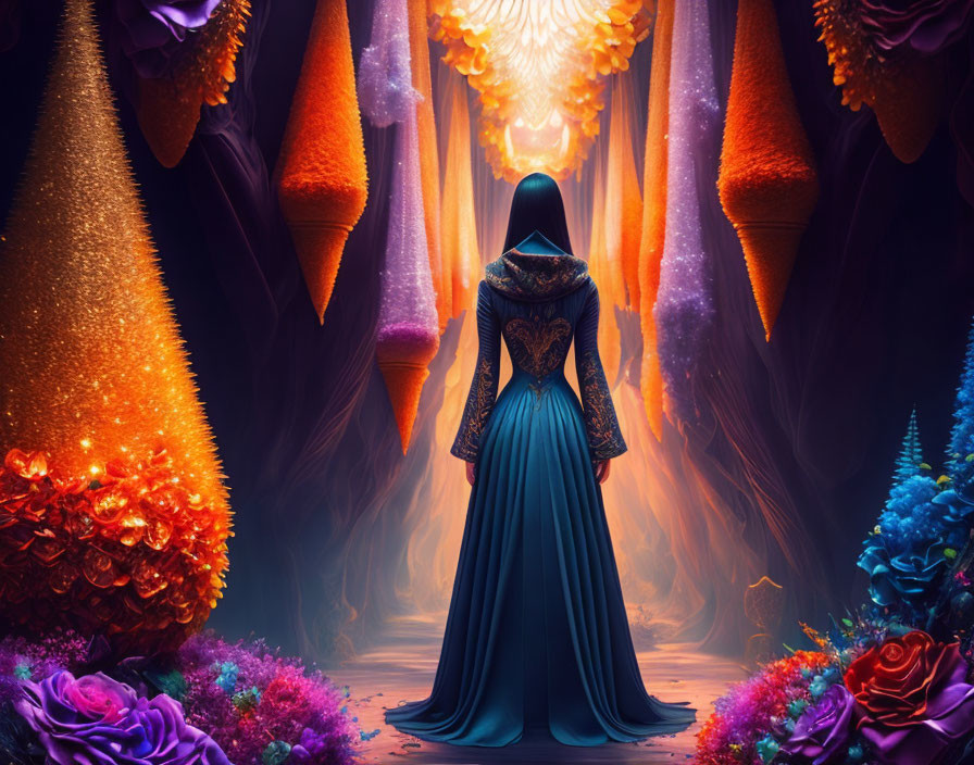 Cloaked figure in front of vibrant fantasy cavern with colorful flora