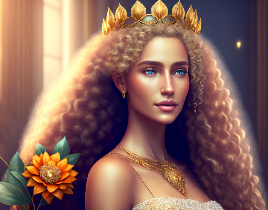 Regal woman with curly hair, golden crown, blue eyes, gold jewelry