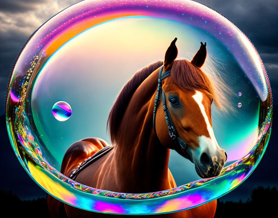 Chestnut horse in iridescent soap bubble against moody sky