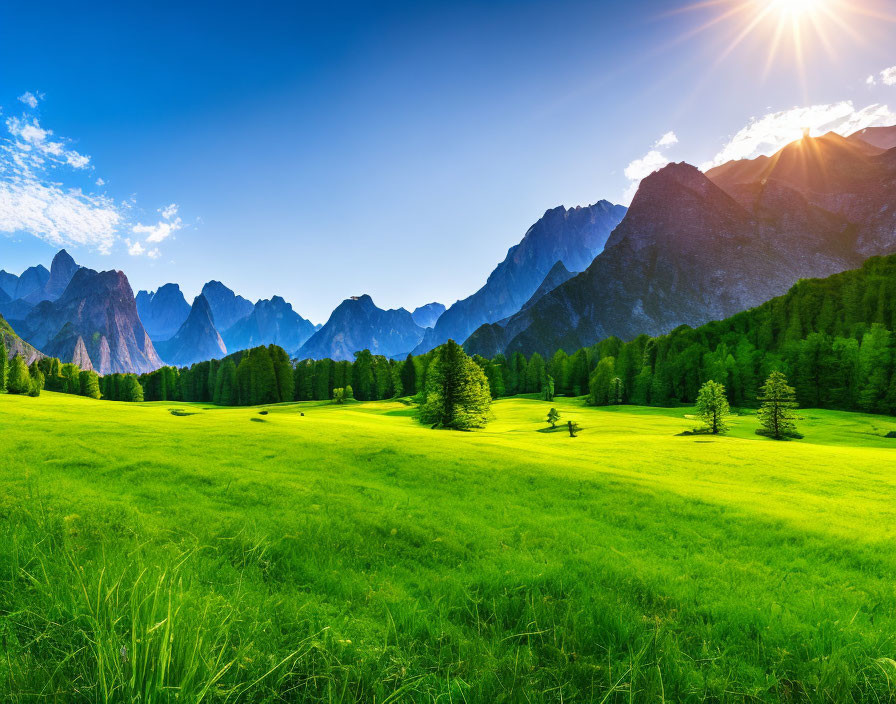 Scenic Landscape with Green Meadows and Jagged Mountains