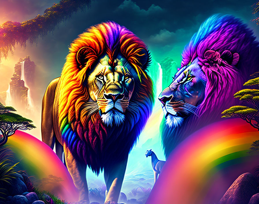 Vibrantly colored lions with rainbow, giraffes, and tower in exotic setting