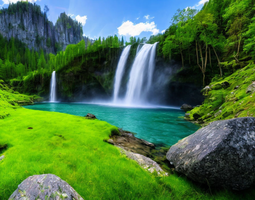 Tranquil dual waterfalls in lush landscape