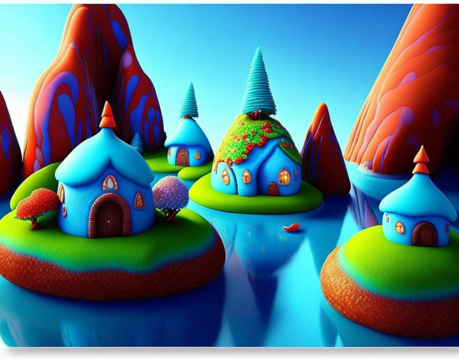 Colorful Stylized Landscape with Whimsical Houses and Blue River