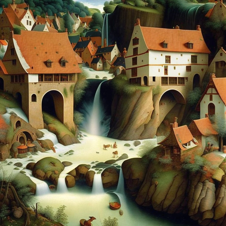 Village painting with waterfall, stream, and characters in lush setting