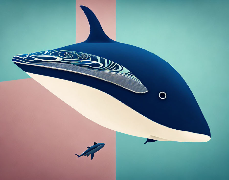 Detailed blue whale graphic with intricate patterns next to simpler silhouette on split background