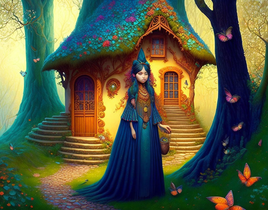 Colorful Woman in Front of Whimsical Cottage and Forest Butterflies