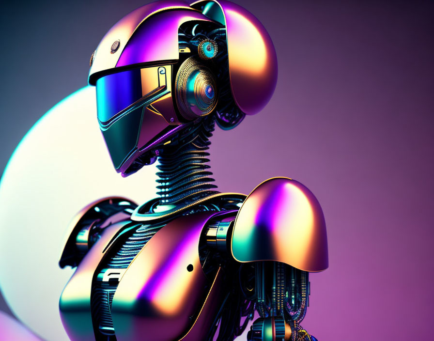 Futuristic robot with metallic body and iridescent purple and gold tones