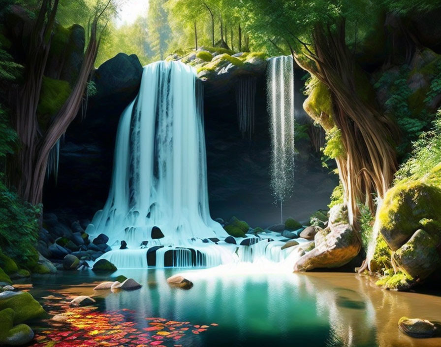 Tranquil waterfall and lush greenery in serene pond