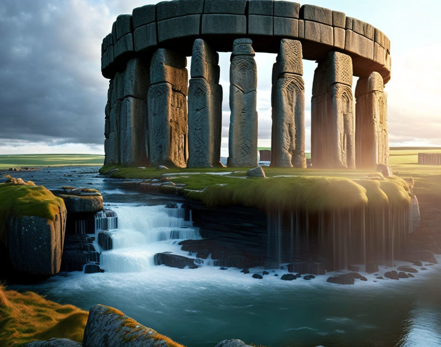 Monument with carved pillars near waterfall at dusk