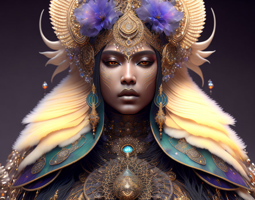 Regal figure in ornate golden headgear and jewelry against moody backdrop