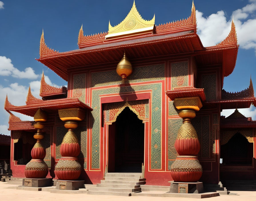 Southeast Asian Red and Gold Temple with Ornate Details