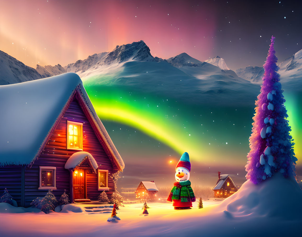 Snow-covered cabin with northern lights and festive character