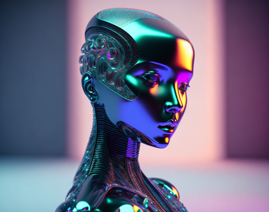 Futuristic colorful robot with human-like face in neon-lit setting