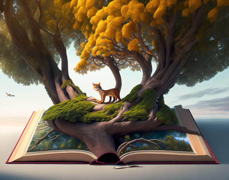 Illustration of open book with tree and cat in surreal landscape