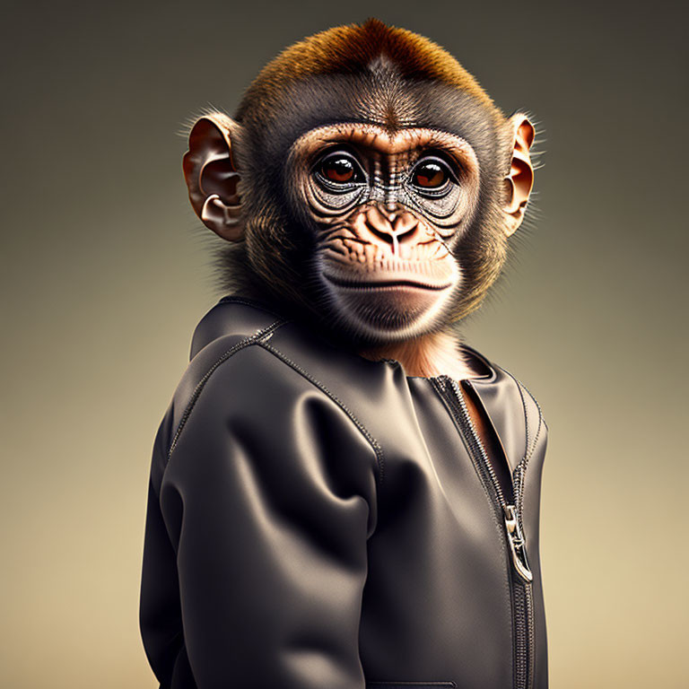 Digitally altered monkey with human-like expression in leather jacket on beige background