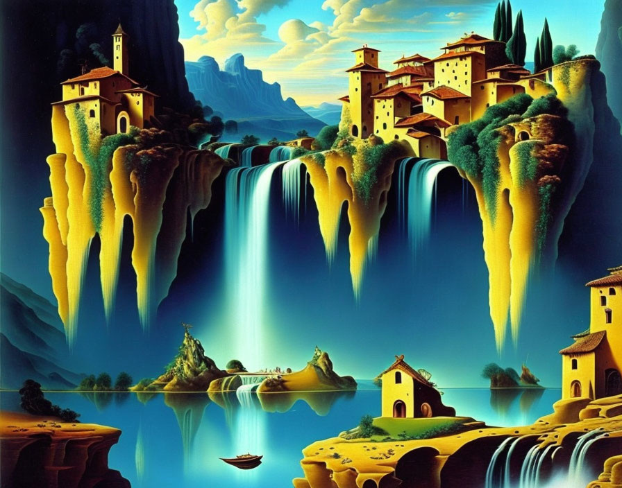 Surreal landscape: Cliff-top castles, waterfalls, boat, islets under twilight sky